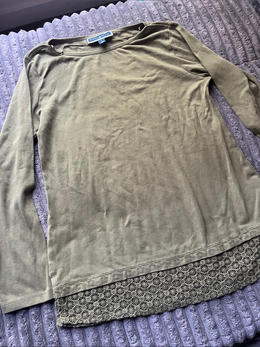 Karen Scott Olive Green Long Sleeve Top with Crocheted Hem